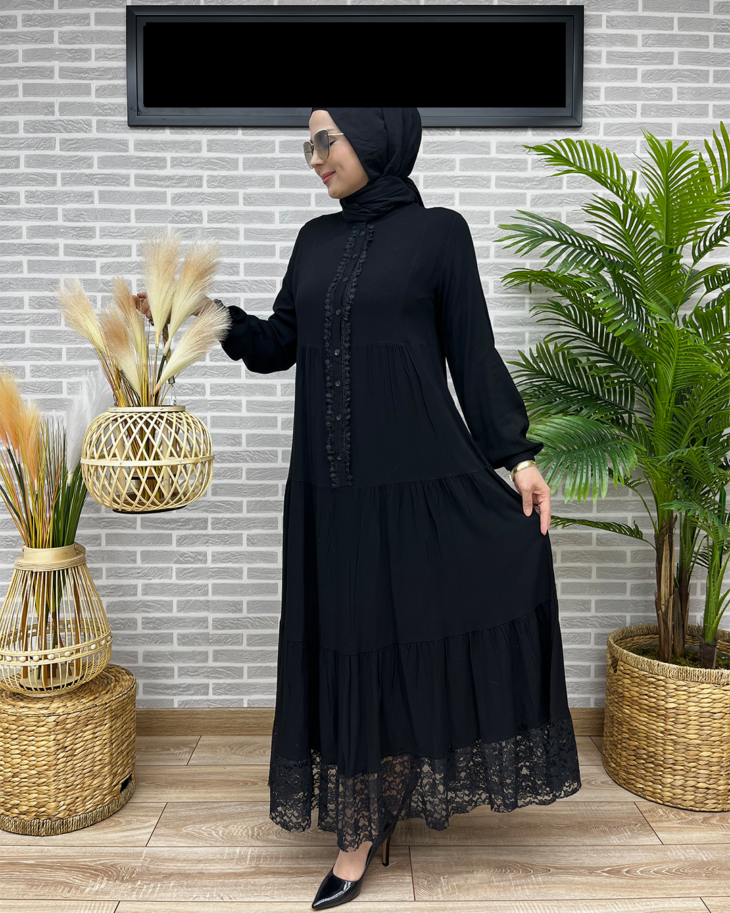 ⁦4423 فستان قبة أزرار مع دانتيل 48/38 أسود⁩ - الصورة ⁦2⁩