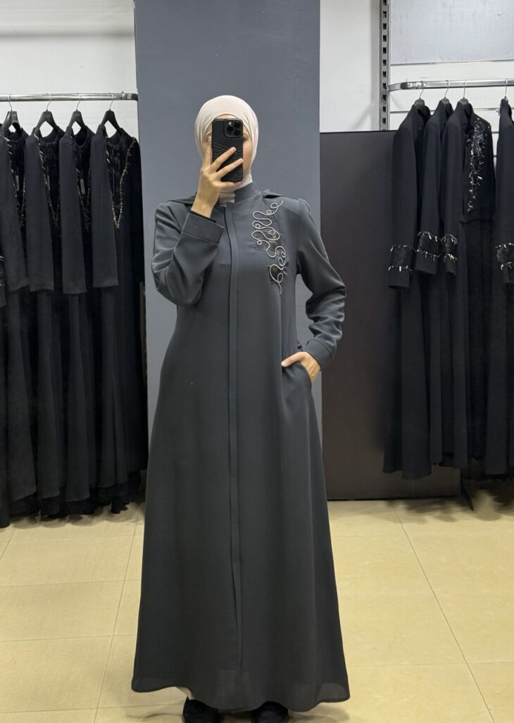 ⁦2606 جلباب سحاب زخرفة طاقية جيب مع حزام 52/42 سكني داكن⁩ - الصورة ⁦2⁩