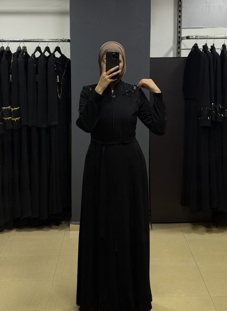 ⁦80809 جلباب سحاب جيب مع حزام 50/40 أسود⁩ - الصورة ⁦3⁩