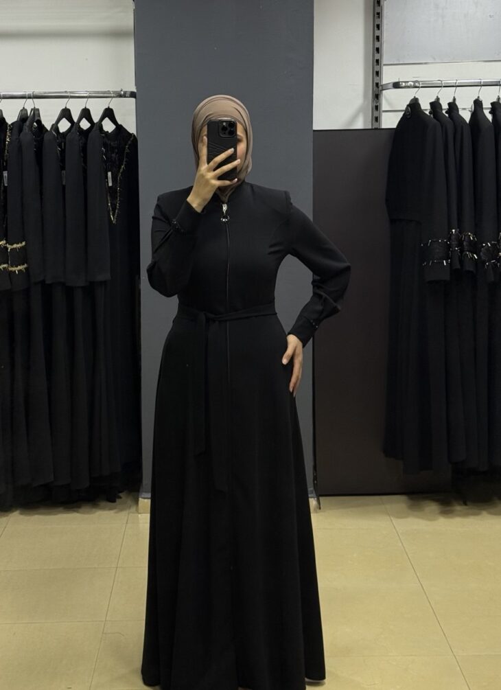 80806 جلباب قبة سحاب زخرفة لمعة جيب مع حزام 50/40 أسود