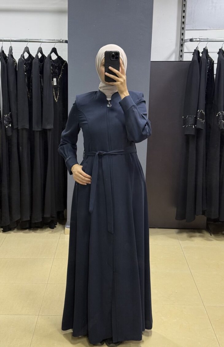 80806 جلباب قبة سحاب زخرفة لمعة جيب مع حزام 50/40 كحلي