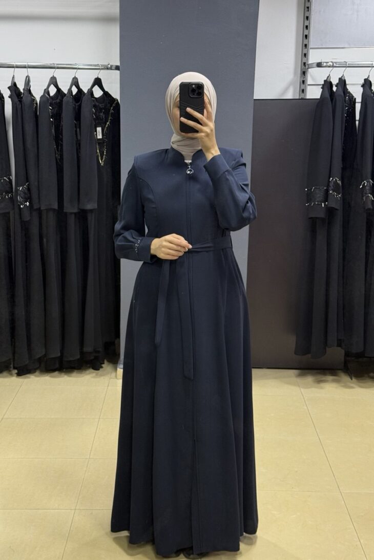 ⁦80806 جلباب قبة سحاب زخرفة لمعة جيب مع حزام 50/40 كحلي⁩ - الصورة ⁦2⁩