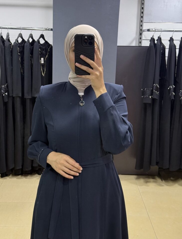 ⁦80806 جلباب قبة سحاب زخرفة لمعة جيب مع حزام 50/40 كحلي⁩ - الصورة ⁦3⁩