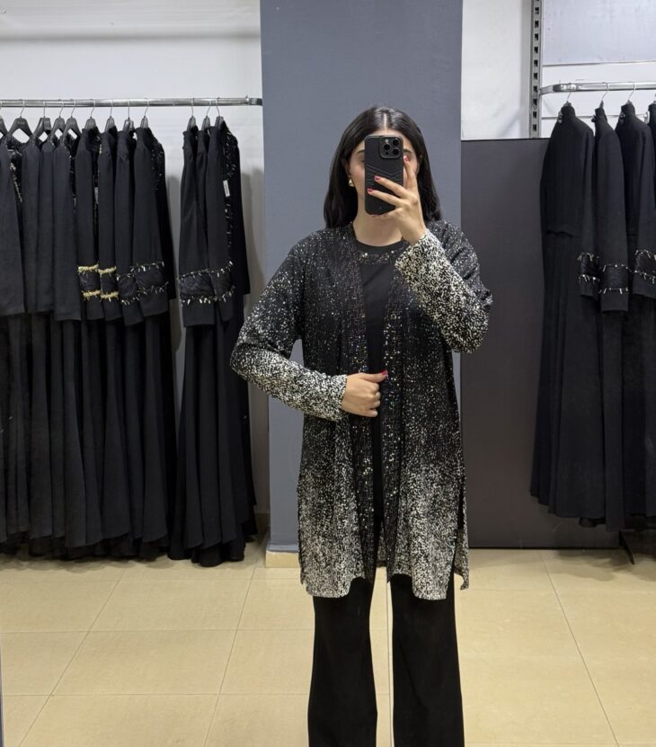 ⁦7081 تونيك قطعتين منقوش قبة مع لمعة 46/42 أسود⁩ - الصورة ⁦2⁩