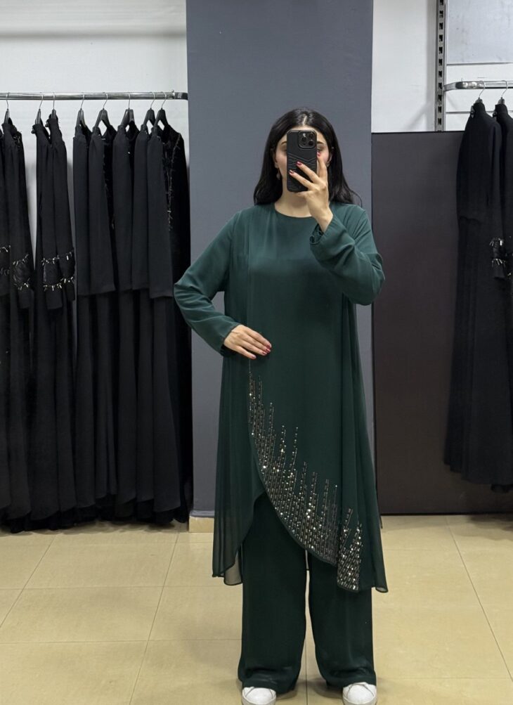 ⁦474 طقم قطعتين شيفون مع لمعة 50/40 زمردي⁩ - الصورة ⁦2⁩