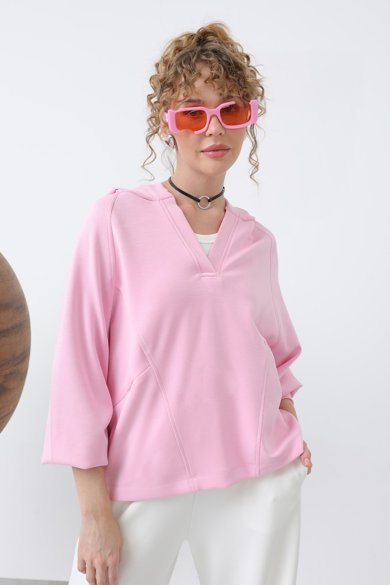 32188 بلوز قطن جيب سحاب مع طاقية 46/38 زهر - الصورة 3