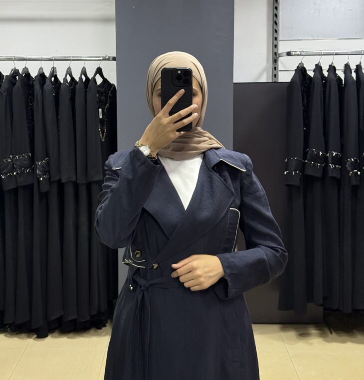 ⁦2370-1 ترانشكوت قبة أزرار جيب مع حزام 46/38 كحلي⁩ - الصورة ⁦3⁩