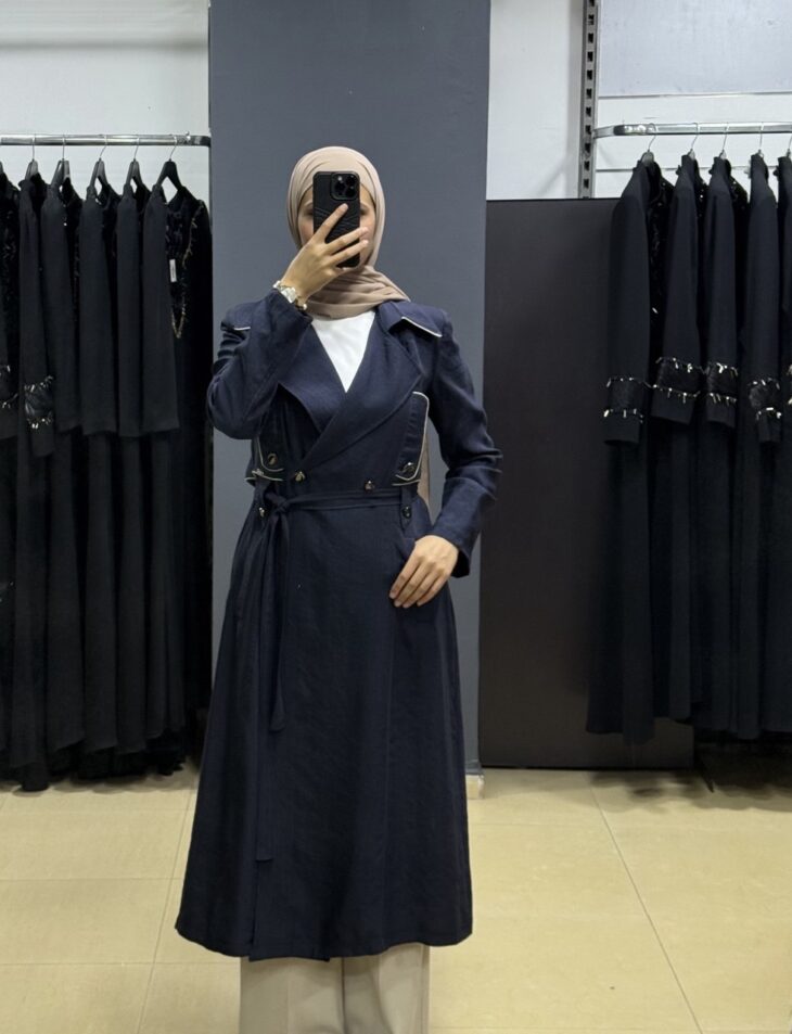 2370-1 ترانشكوت قبة أزرار جيب مع حزام 46/38 كحلي