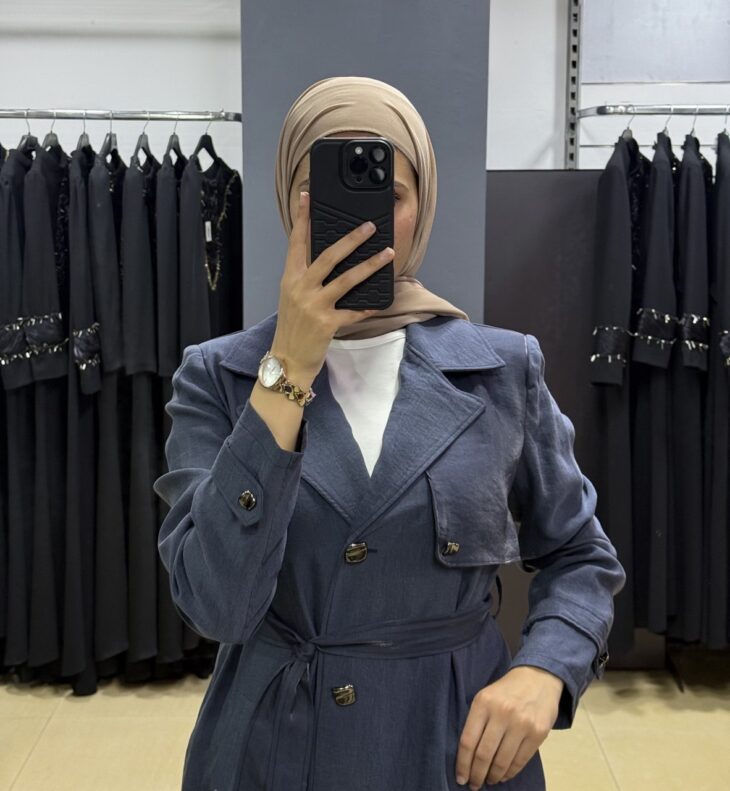 ⁦2614 ترانشكوت قبة أزرار جيب مع حزام 50/40 بترولي⁩ - الصورة ⁦4⁩