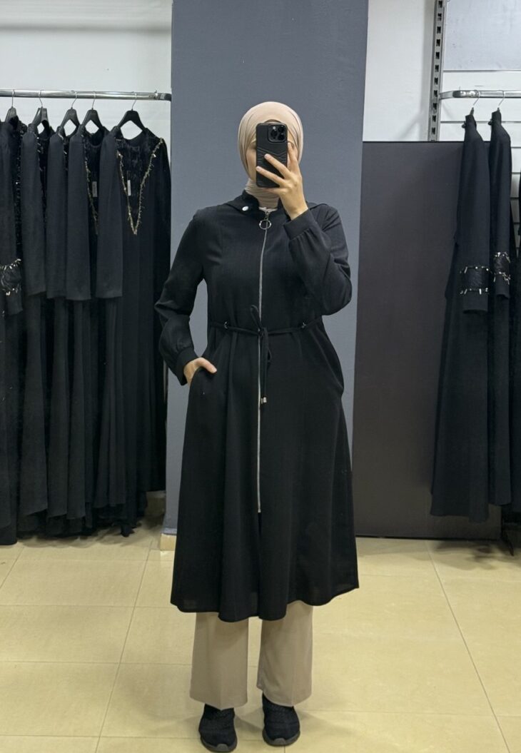 ⁦2458 ترانشكوت سحاب طاقية ربطة على الخصر مع جيب 52/42 أسود⁩ - الصورة ⁦2⁩