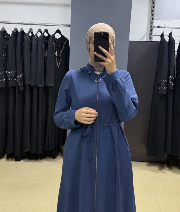 ⁦2458 ترانشكوت سحاب طاقية ربطة على الخصر مع جيب 52/42 كحلي فاتح⁩ - الصورة ⁦3⁩