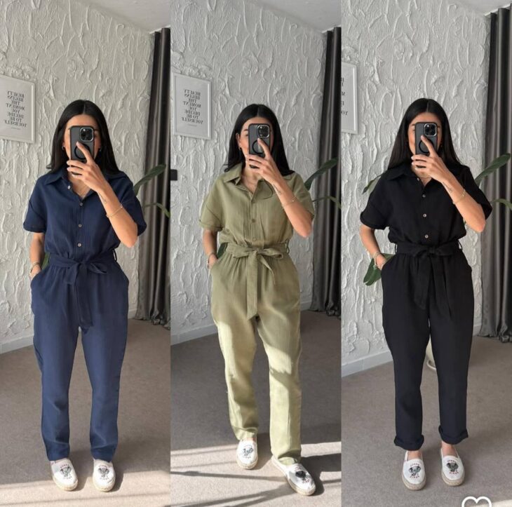 ⁦28077 أفرهول قبة أزرار زمة على الخصر جيب مع حزام 44/38 كحلي⁩ - الصورة ⁦5⁩