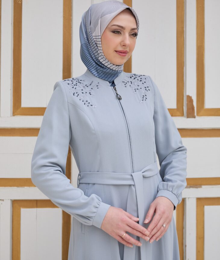 ⁦80807 جلباب قبة سحاب زخرفة لمعة جيب مع حزام 50/40 أزرق⁩ - الصورة ⁦3⁩