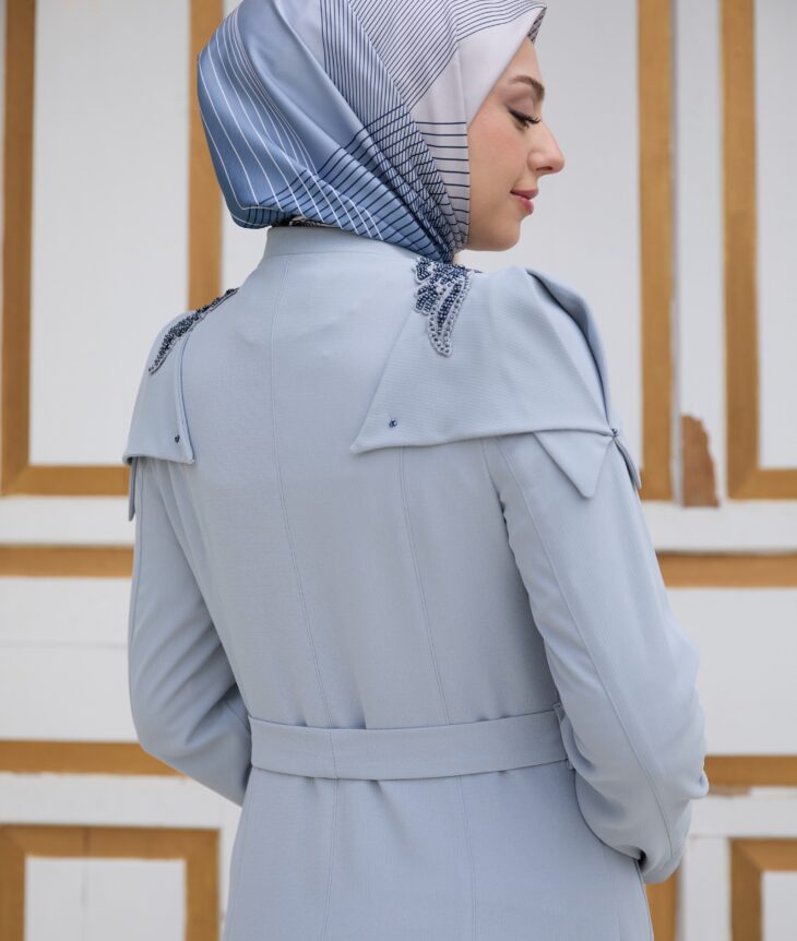⁦80804 جلباب قبة سحاب زخرفة لمعة جيب مع حزام 50/40 أزرق⁩ - الصورة ⁦5⁩