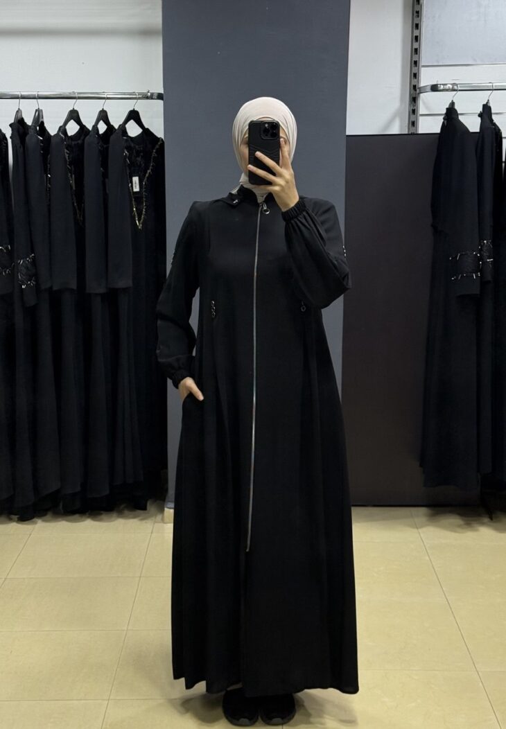⁦2428 جلباب سحاب طاقية جيب مع حزام 54/40 أسود⁩ - الصورة ⁦2⁩