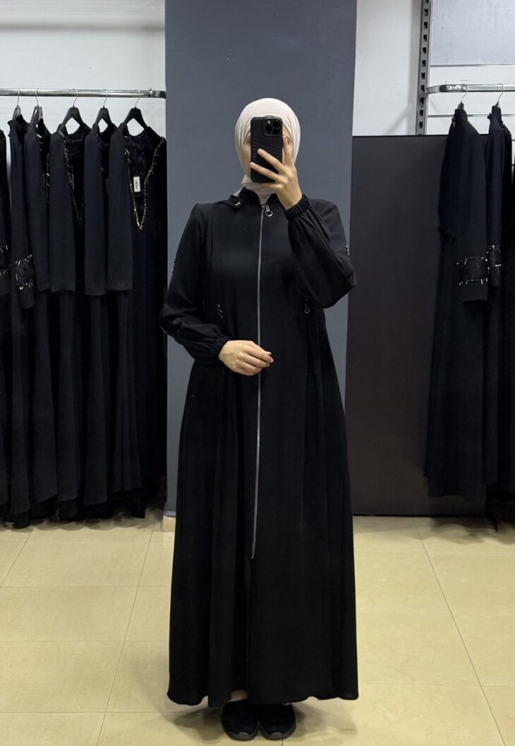 2428 جلباب سحاب طاقية جيب مع حزام 54/40 أسود
