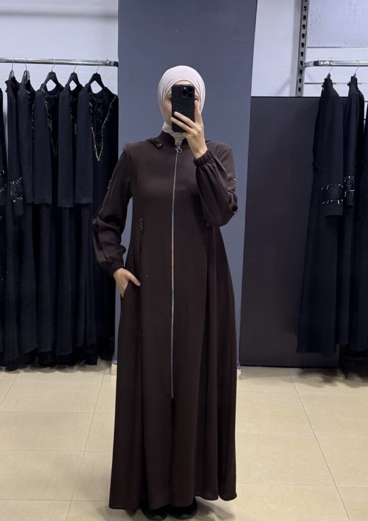 ⁦2428 جلباب سحاب طاقية جيب مع حزام 54/40 بني⁩ - الصورة ⁦2⁩