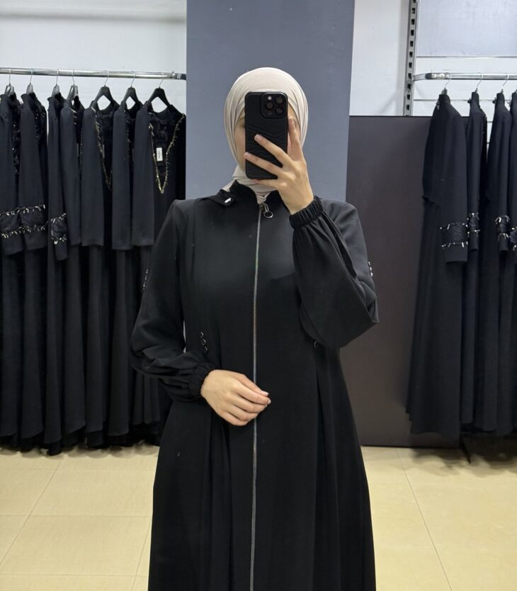 ⁦2428 جلباب سحاب طاقية جيب مع حزام 54/40 أسود⁩ - الصورة ⁦3⁩