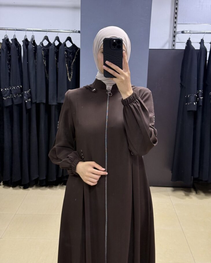 ⁦2428 جلباب سحاب طاقية جيب مع حزام 54/40 بني⁩ - الصورة ⁦3⁩