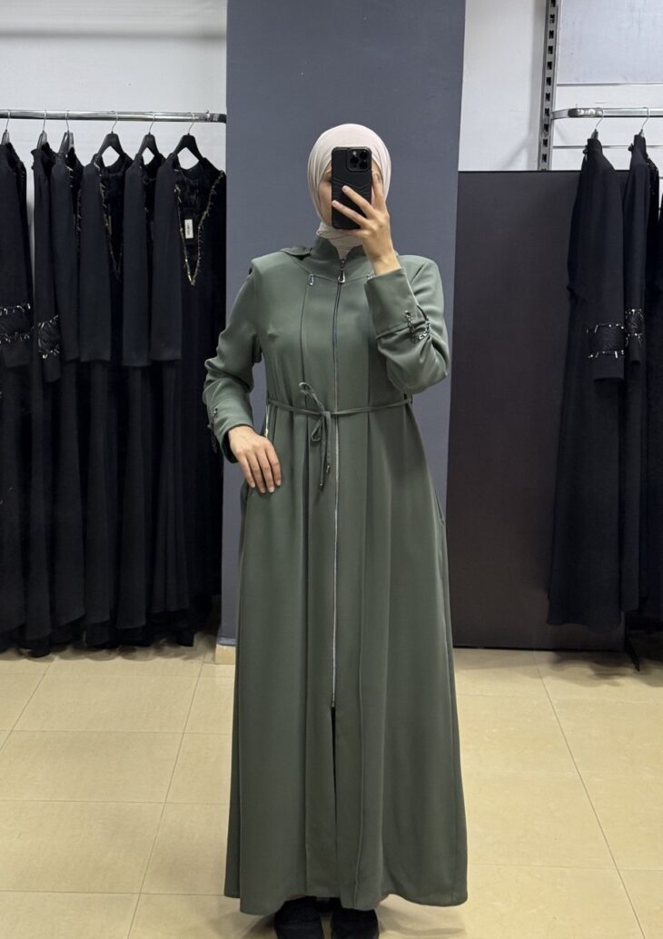⁦2601 جلباب سحاب جيب مع حزام 52/42 أخضر فاتح⁩ - الصورة ⁦2⁩