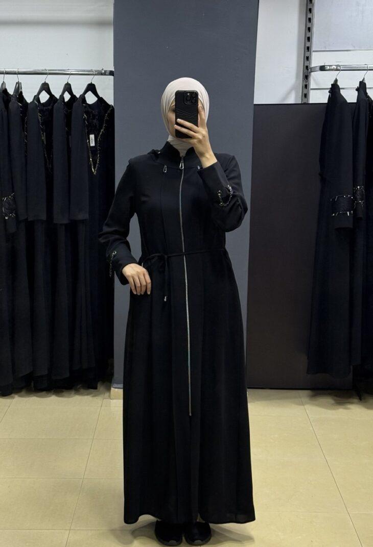 ⁦2601 جلباب سحاب جيب مع حزام 52/42 أسود⁩ - الصورة ⁦2⁩