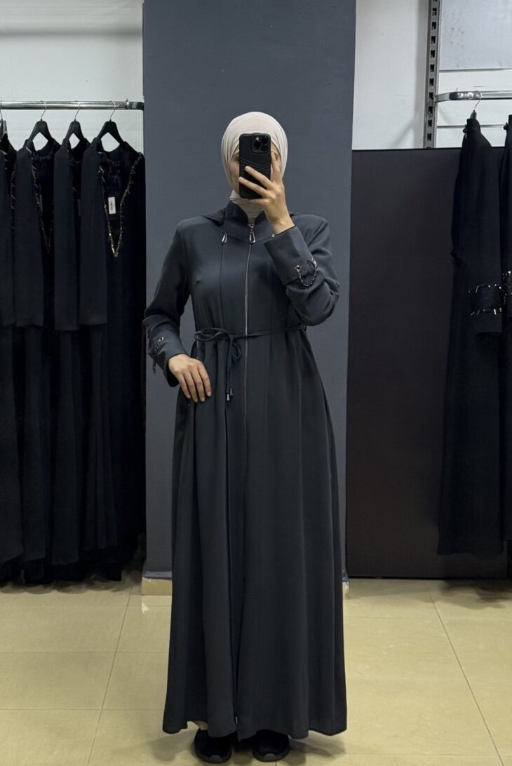 ⁦2601 جلباب سحاب جيب مع حزام 52/42 سكني داكن⁩ - الصورة ⁦2⁩
