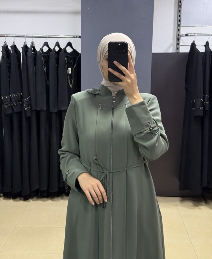 ⁦2601 جلباب سحاب جيب مع حزام 52/42 أخضر فاتح⁩ - الصورة ⁦3⁩