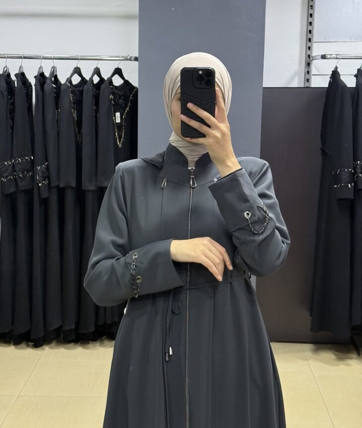 ⁦2601 جلباب سحاب جيب مع حزام 52/42 سكني داكن⁩ - الصورة ⁦3⁩