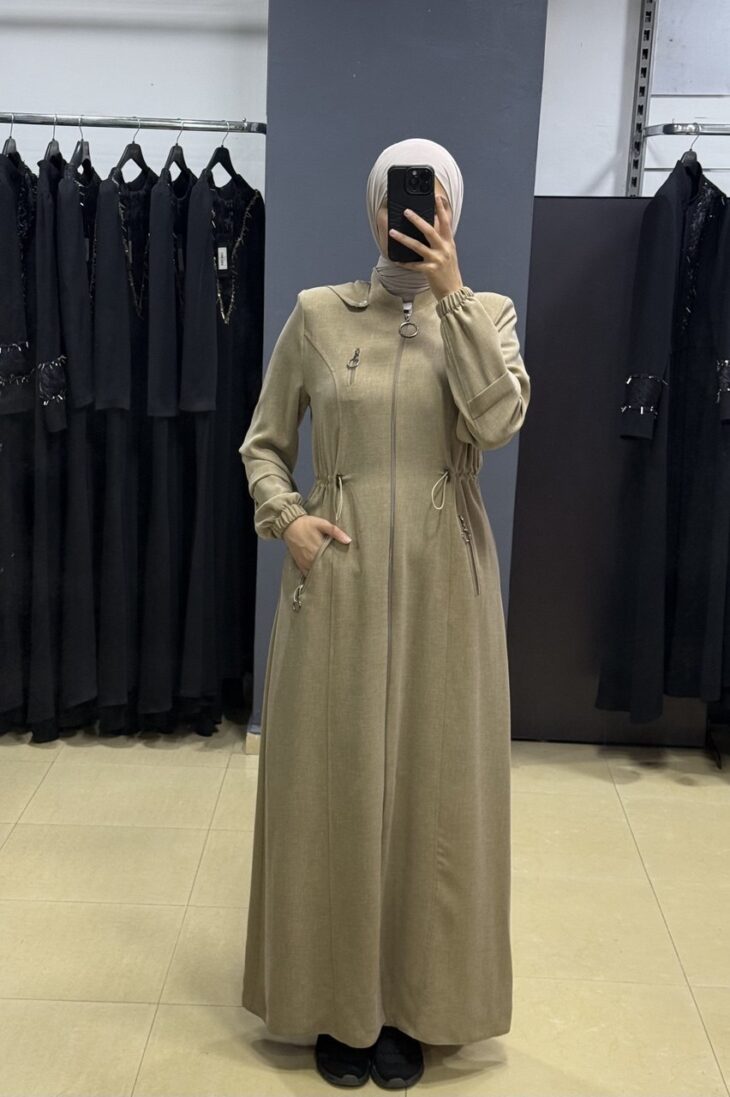 ⁦2240 جلباب سحاب زمة على الخصر طاقية جيب مع حزام 52/42 مشمشي⁩ - الصورة ⁦2⁩