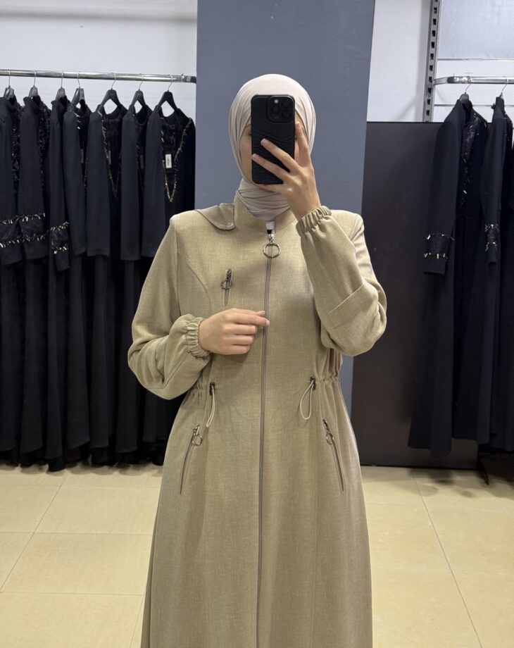 ⁦2240 جلباب سحاب زمة على الخصر طاقية جيب مع حزام 52/42 مشمشي⁩ - الصورة ⁦3⁩