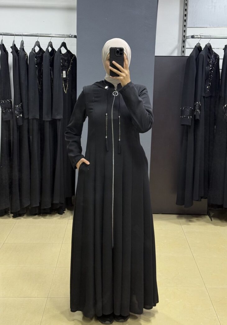 ⁦2170 جلباب سحاب جيب طاقية مع أربطة مع حزام 52/38 أسود⁩ - الصورة ⁦2⁩