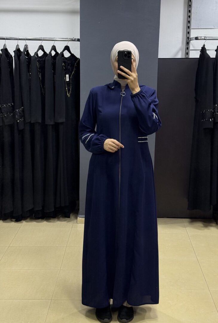 2492 جلباب سحاب شريط مع لمعة جيب طاقية مع حزام 52/42 كحلي