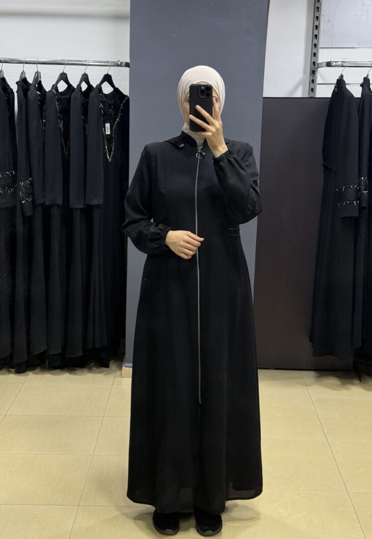 2492 جلباب سحاب شريط مع لمعة جيب طاقية مع حزام 52/42 أسود