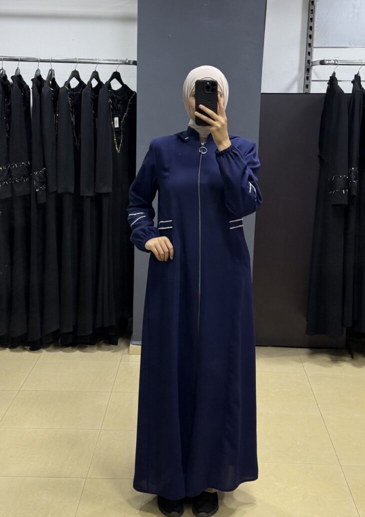 ⁦2492 جلباب سحاب شريط مع لمعة جيب طاقية مع حزام 52/42 كحلي⁩ - الصورة ⁦2⁩