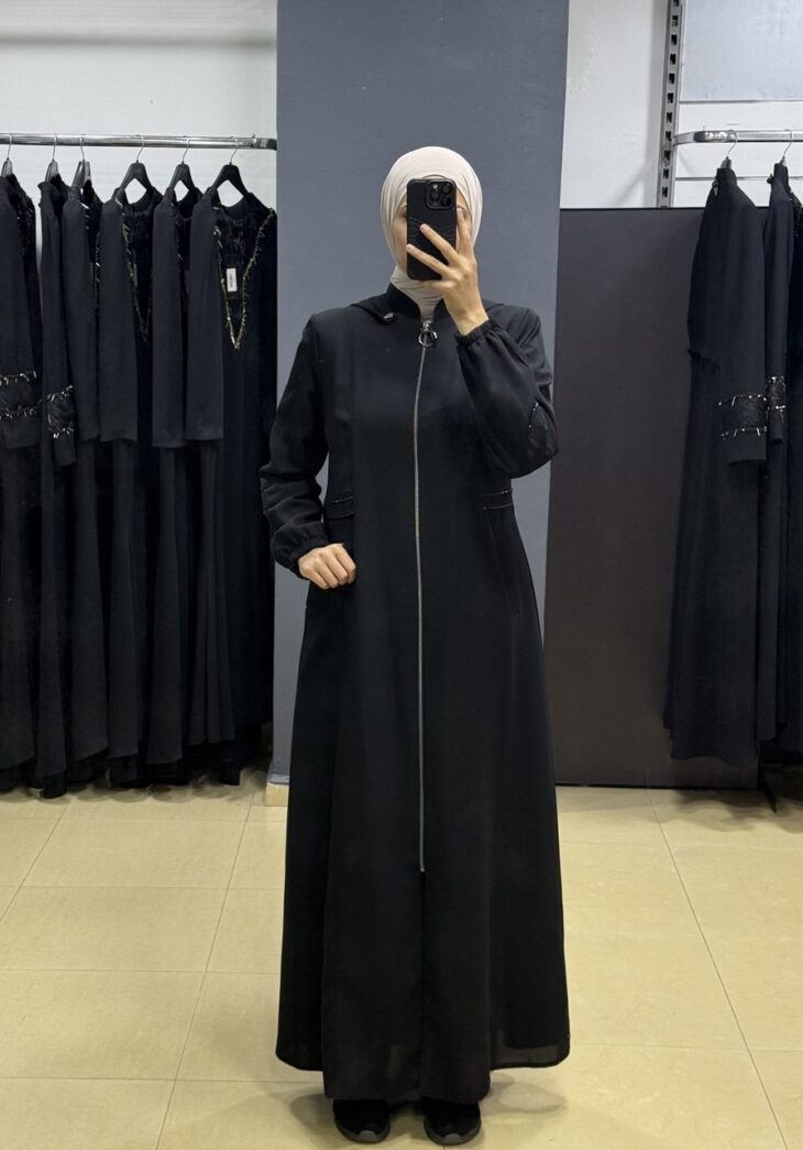 ⁦2492 جلباب سحاب شريط مع لمعة جيب طاقية مع حزام 52/42 أسود⁩ - الصورة ⁦2⁩