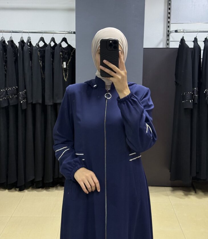 ⁦2492 جلباب سحاب شريط مع لمعة جيب طاقية مع حزام 52/42 كحلي⁩ - الصورة ⁦3⁩