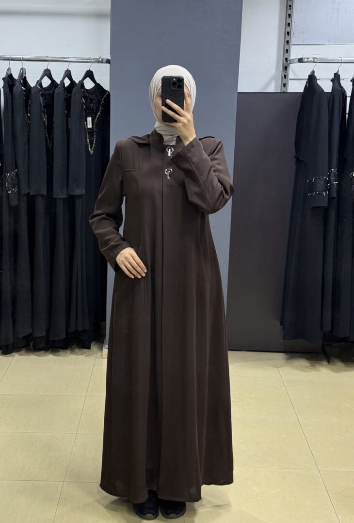 ⁦2600 جلباب أزرار مخفية جيب طاقية مع حزام 54/44 بني⁩ - الصورة ⁦2⁩