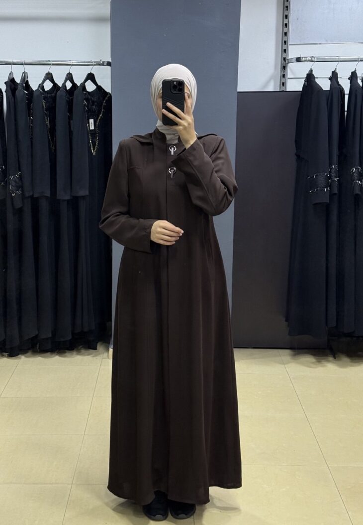 2600 جلباب أزرار مخفية جيب طاقية مع حزام 54/44 بني