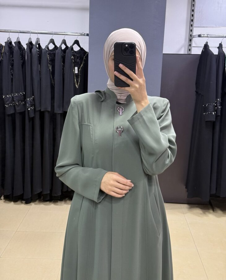 ⁦2600 جلباب أزرار مخفية جيب طاقية مع حزام 54/44 أخضر فاتح⁩ - الصورة ⁦3⁩