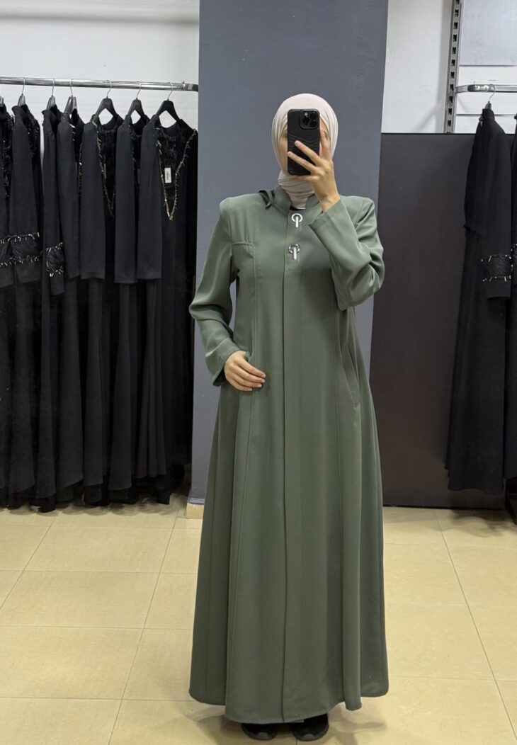 ⁦2600 جلباب أزرار مخفية جيب طاقية مع حزام 54/44 أخضر فاتح⁩ - الصورة ⁦2⁩