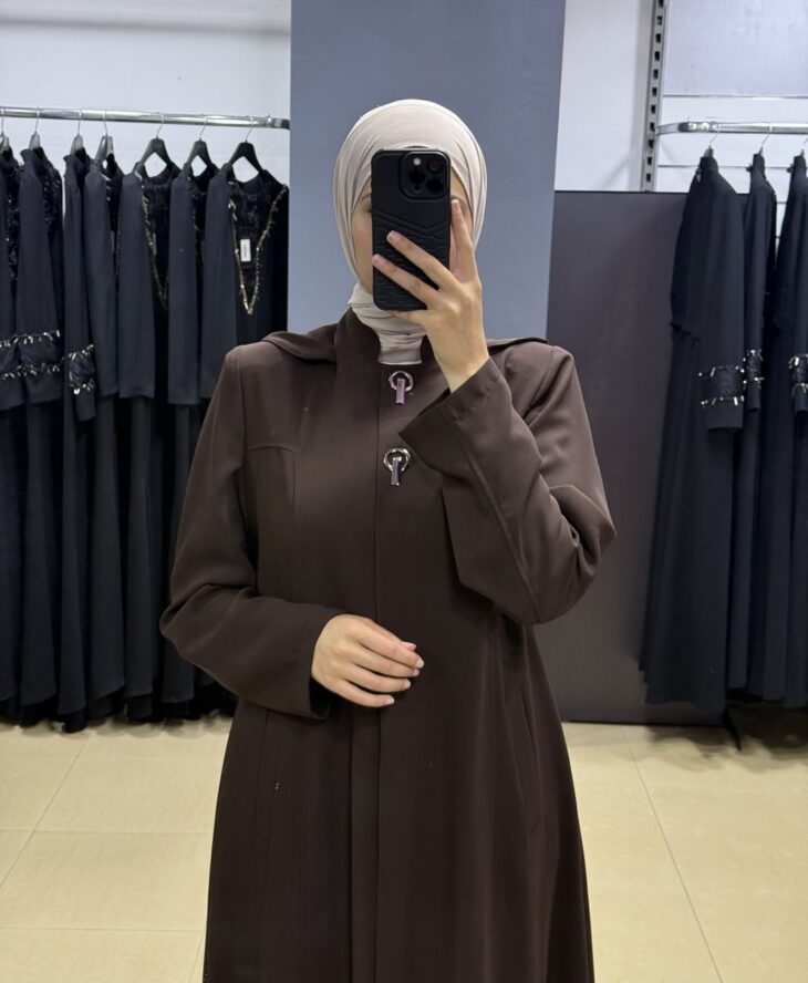 ⁦2600 جلباب أزرار مخفية جيب طاقية مع حزام 54/44 بني⁩ - الصورة ⁦3⁩