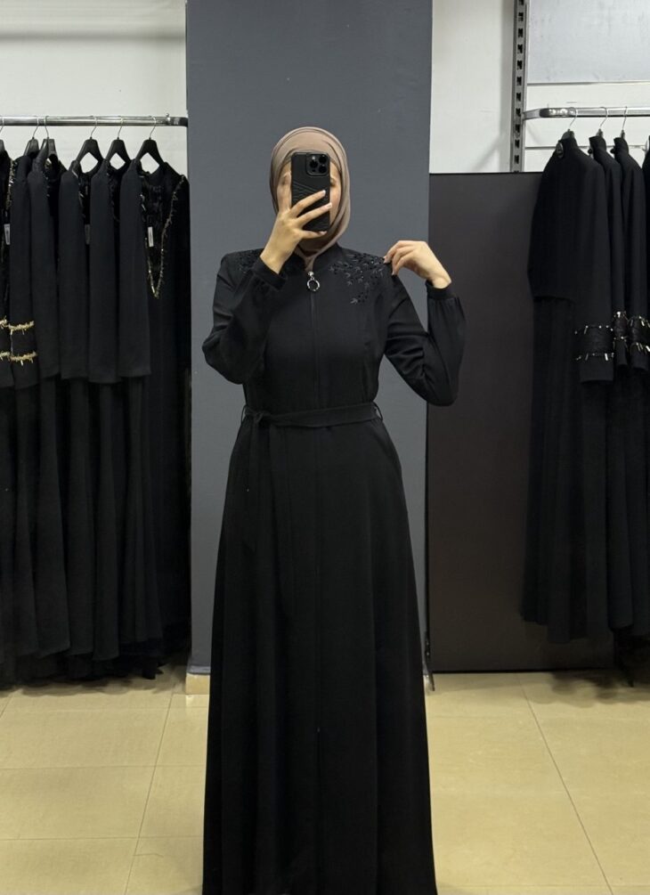 ⁦80807 جلباب سحاب جيب مع حزام 50/40 أسود⁩ - الصورة ⁦3⁩