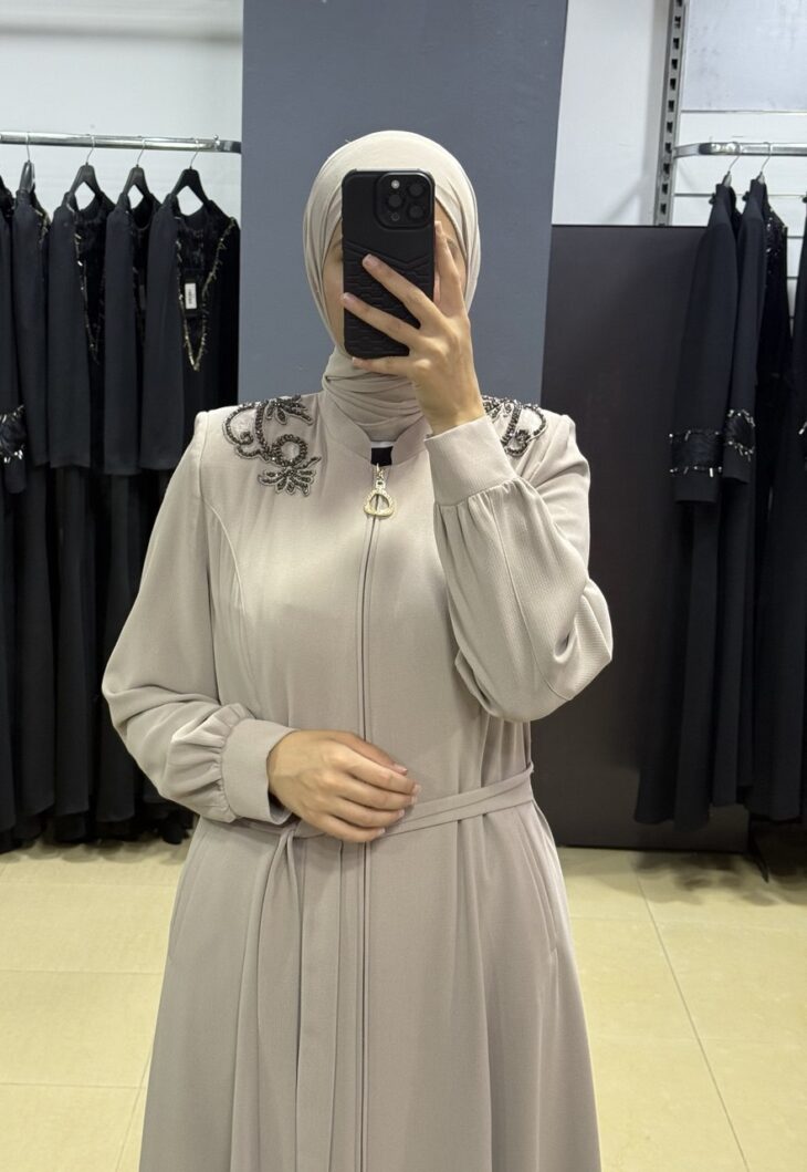 ⁦80809 جلباب سحاب جيب مع حزام 50/40 بيج⁩ - الصورة ⁦3⁩