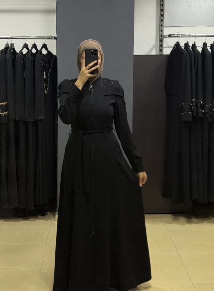 ⁦80804 جلباب سحاب جيب مع حزام 50/40 أسود⁩ - الصورة ⁦2⁩