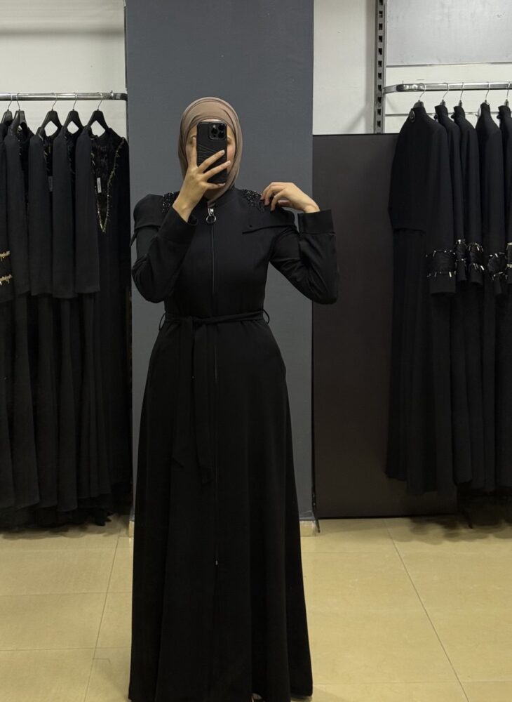 ⁦80804 جلباب سحاب جيب مع حزام 50/40 أسود⁩ - الصورة ⁦3⁩