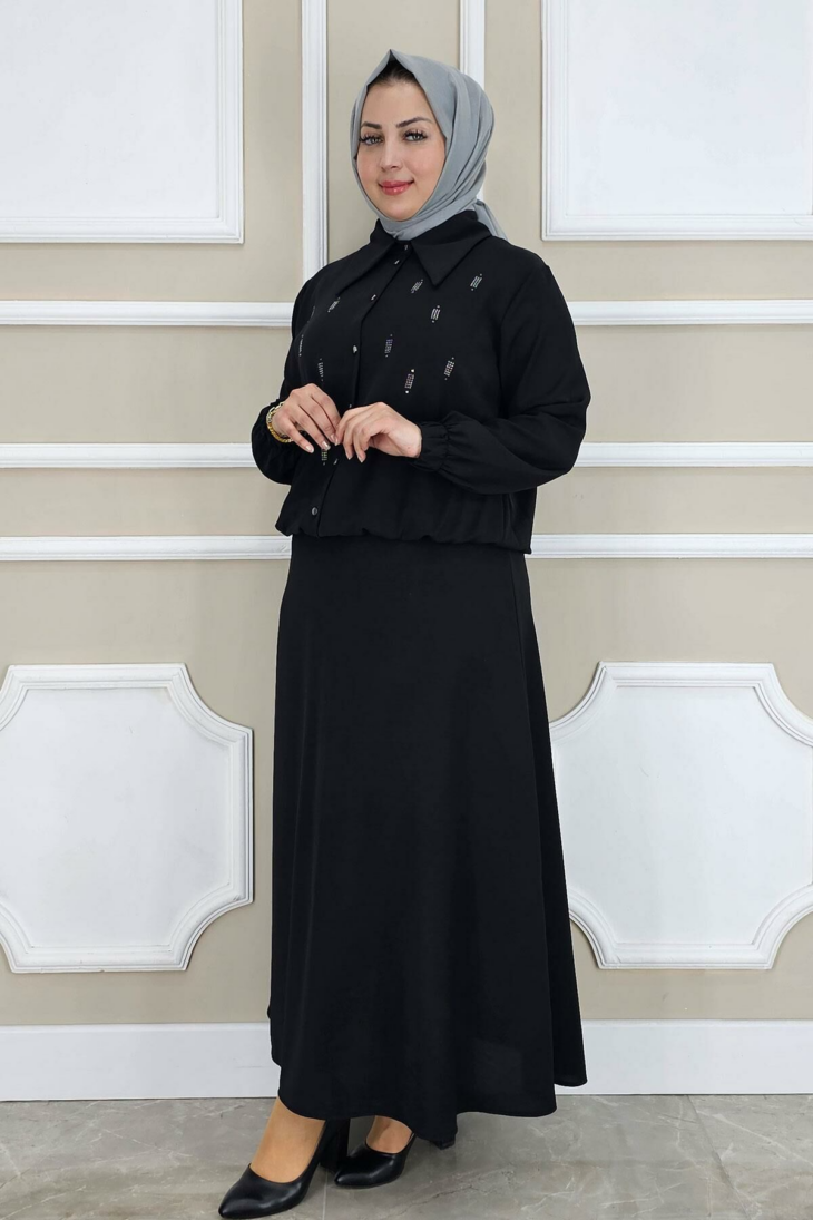⁦192048 طقم تنورة قطعتين قبة أزرار 50/38 أسود⁩ - الصورة ⁦2⁩