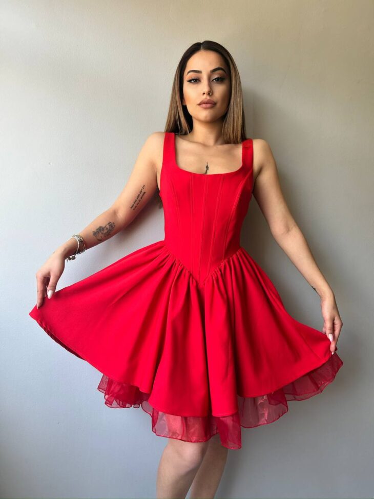 ⁦13352 فستان سادة 44/38 أحمر⁩ - الصورة ⁦2⁩