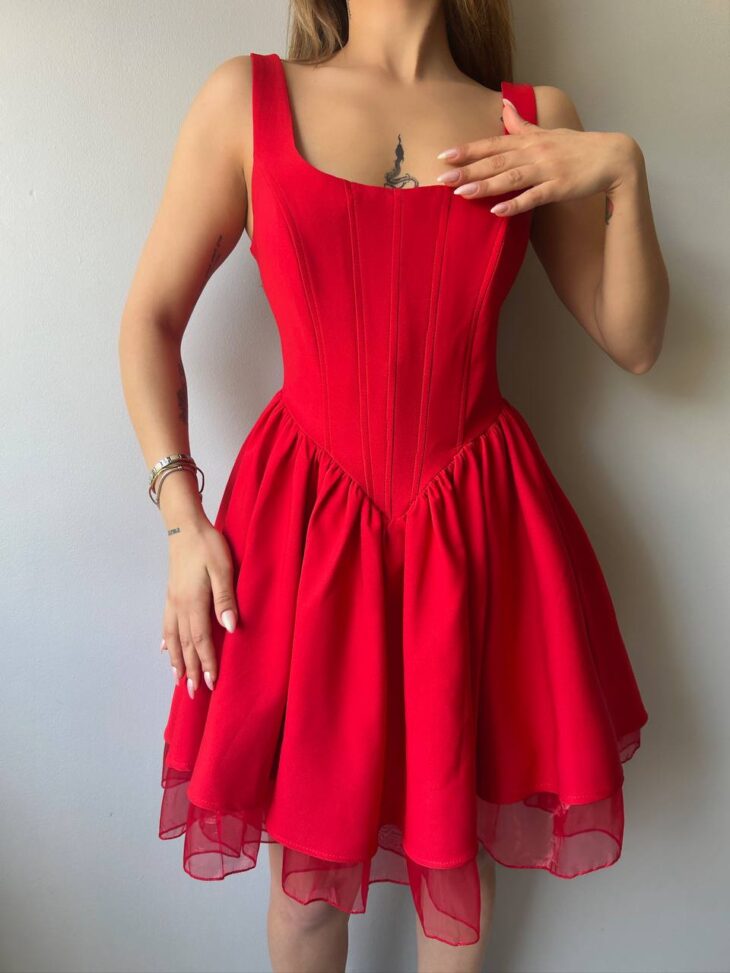⁦13352 فستان سادة 44/38 أحمر⁩ - الصورة ⁦5⁩