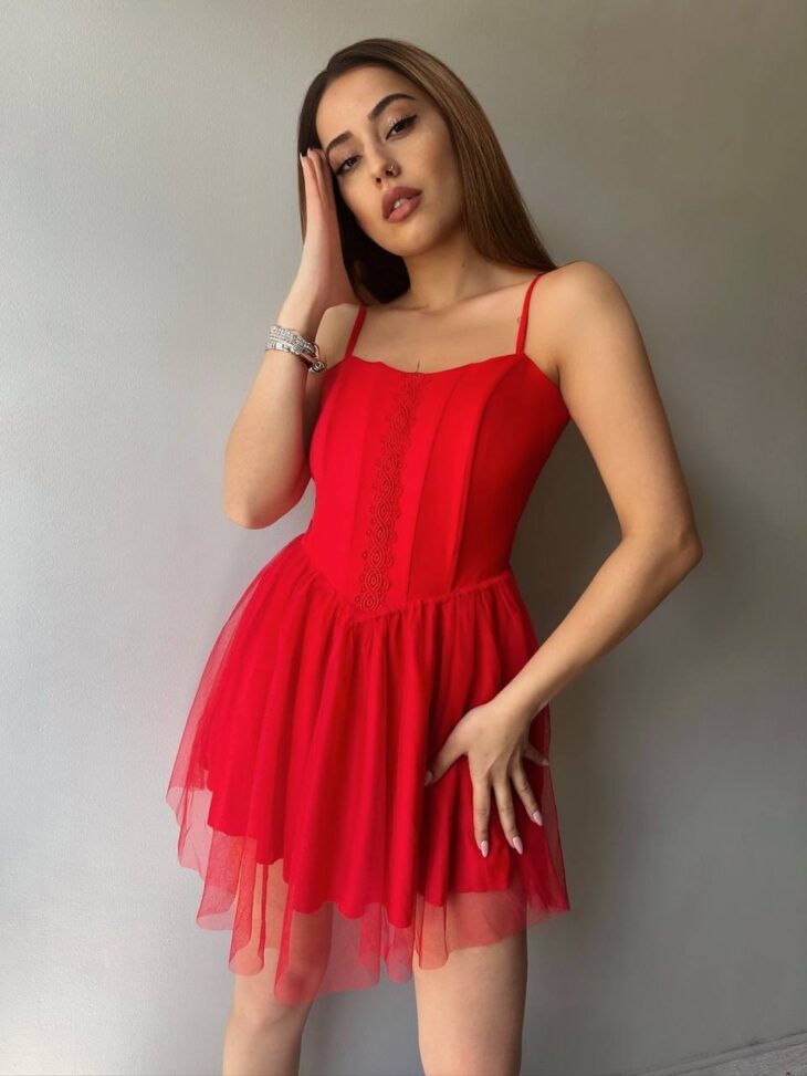 ⁦13389 فستان زخرفة مع شيفون 44/38 أحمر⁩ - الصورة ⁦2⁩