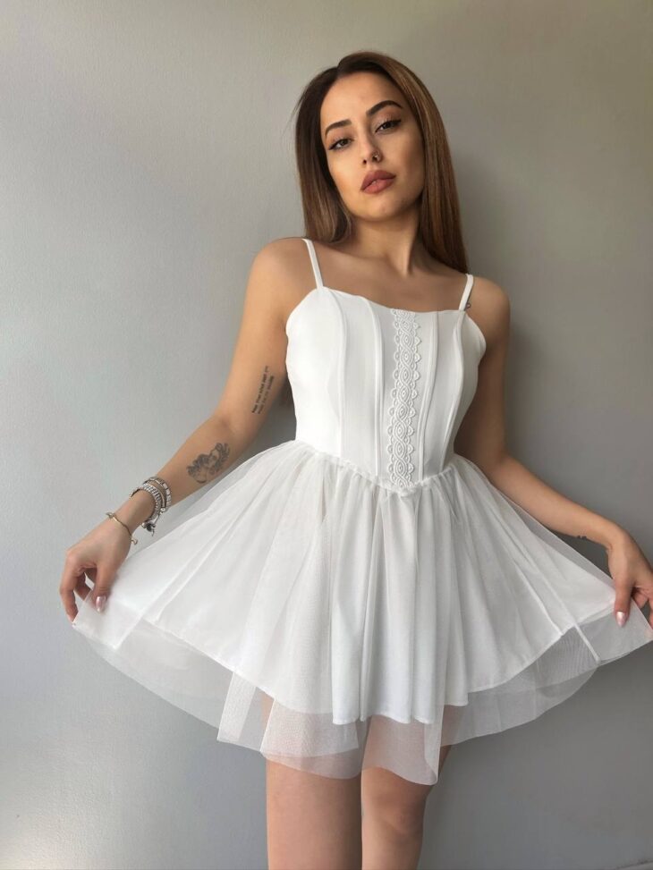 ⁦13389 فستان زخرفة مع شيفون 44/38 أبيض⁩ - الصورة ⁦3⁩